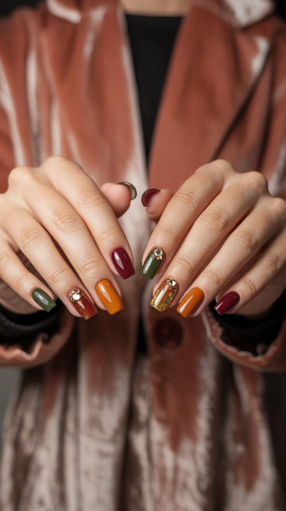 Shine On Fall Acrylics with Rhinestone Glam