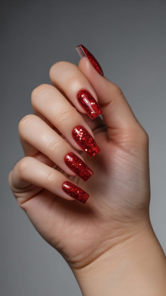 Sparkle Boldly with Red Glitter Acrylic Nails