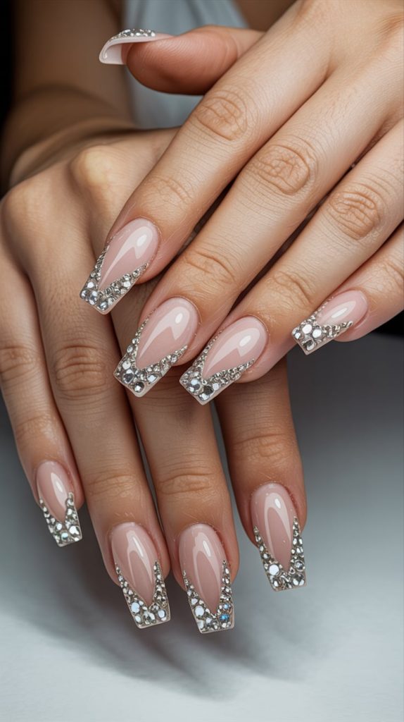 Sparkle Queen Nude Nails with Rhinestone Art