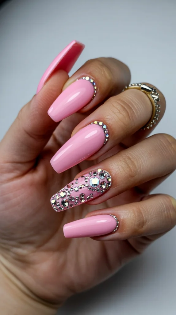 Sparkle Queen Pink Acrylics with Rhinestone Glam