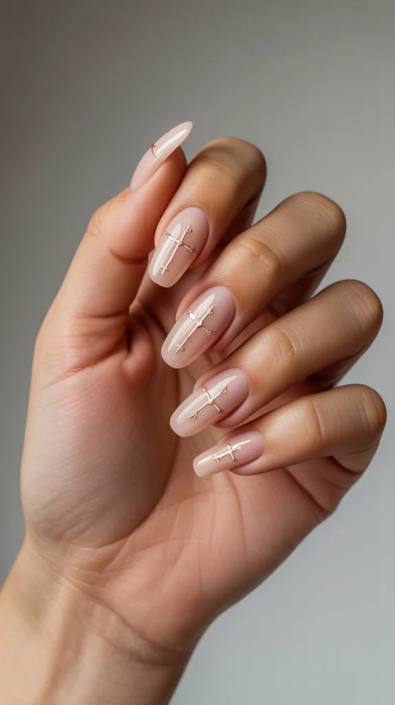 Stylish Symbolism Nude Nails with Cross Designs