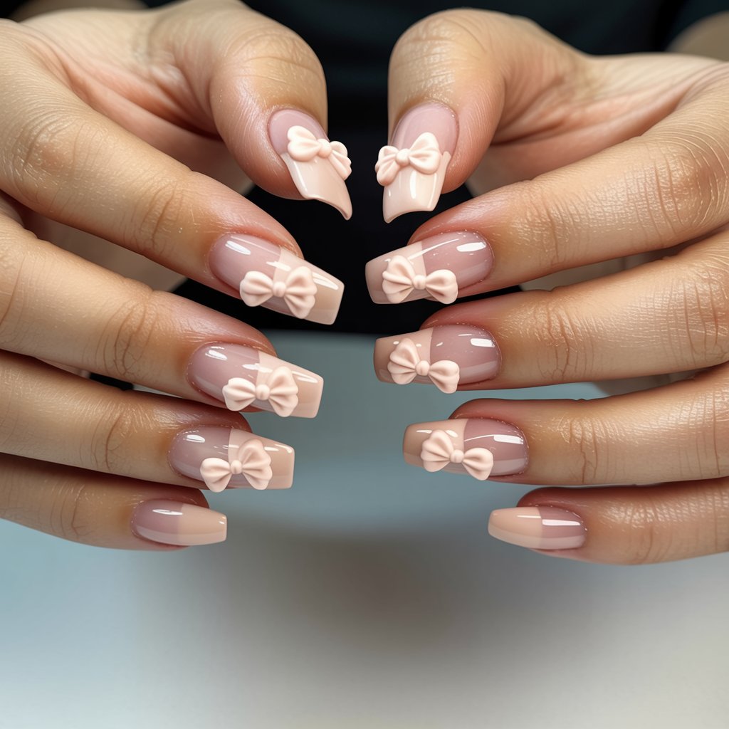 Sweet & Chic: Nude Acrylics with Bows