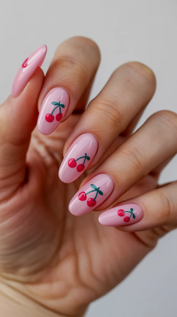 Sweet & Playful Cherry-Themed Pink Nails
