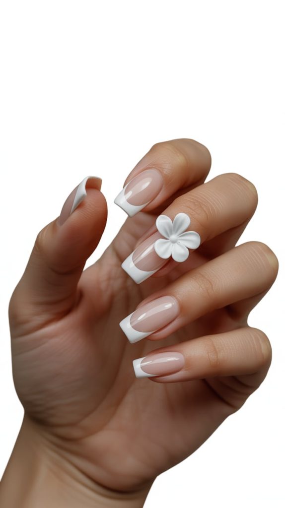 White Flower on Ring Nail with French Tips
