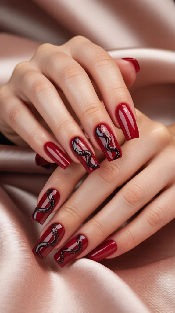 Wild & Edgy: Red Acrylic Nails with Snake Design