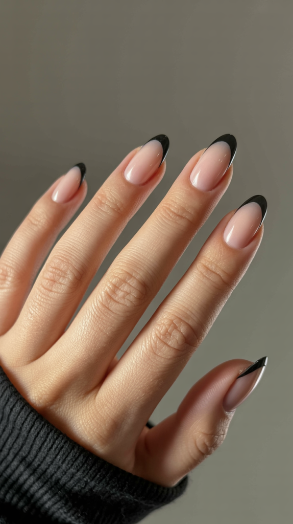 Elegant Almond Black French Tips
