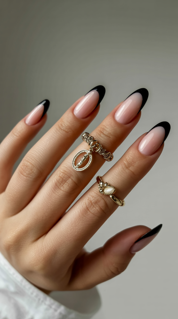 Floral Designs on Black French Tips