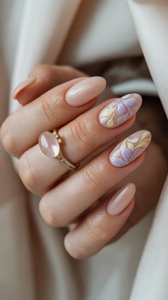Fresh & Feminine Nude Almond Nails with Flowers