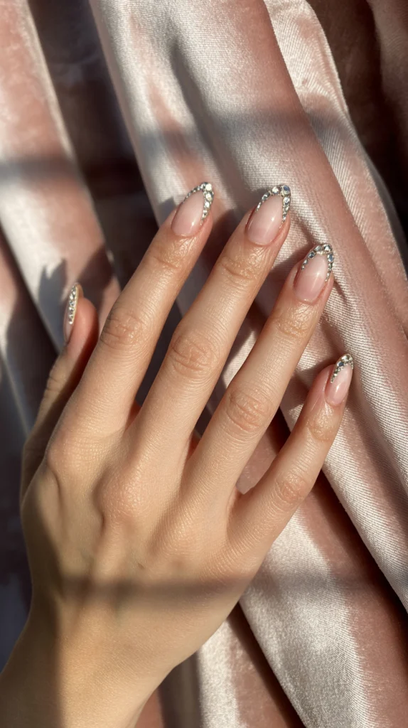 Glam Detail Nude Almond Nails with Rhinestones
