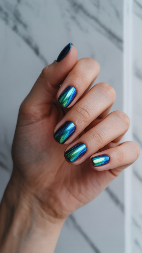 Metallic Blue-Green Nails