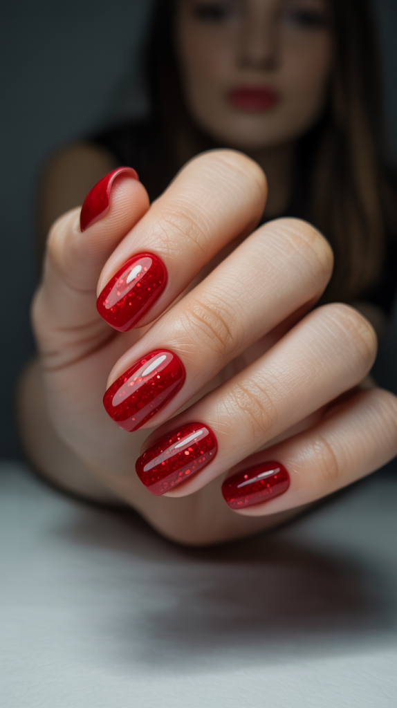 Metallic Red Glitter Nails