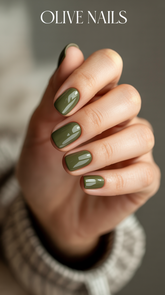 Olive Nails With A Glossy Finish