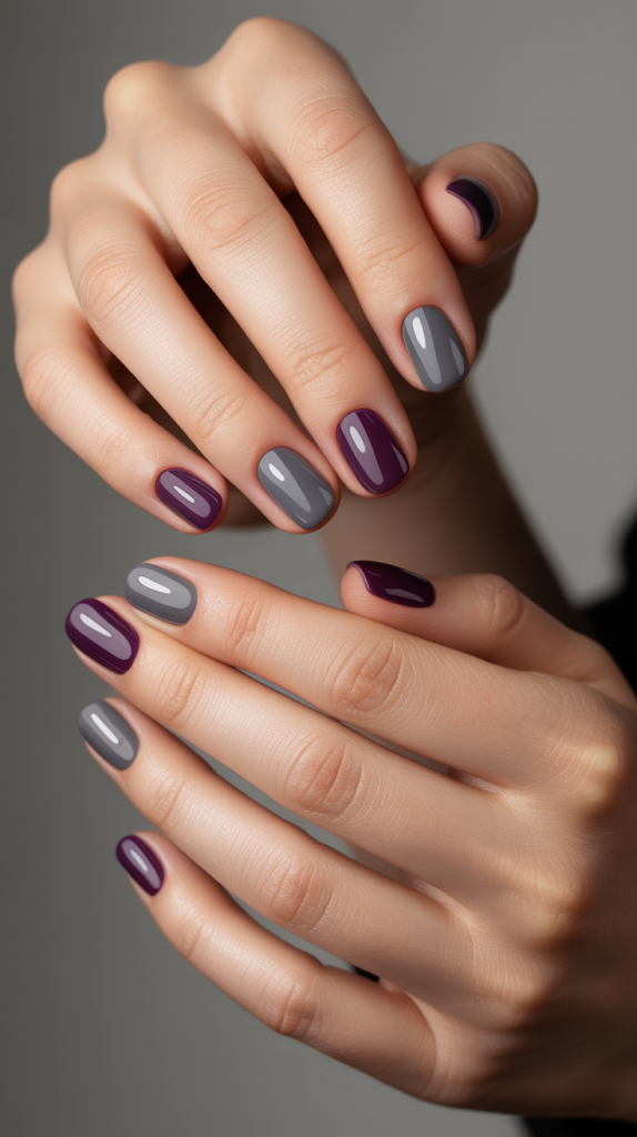 Purple Nails with Grey – Cool-Toned and Editorial