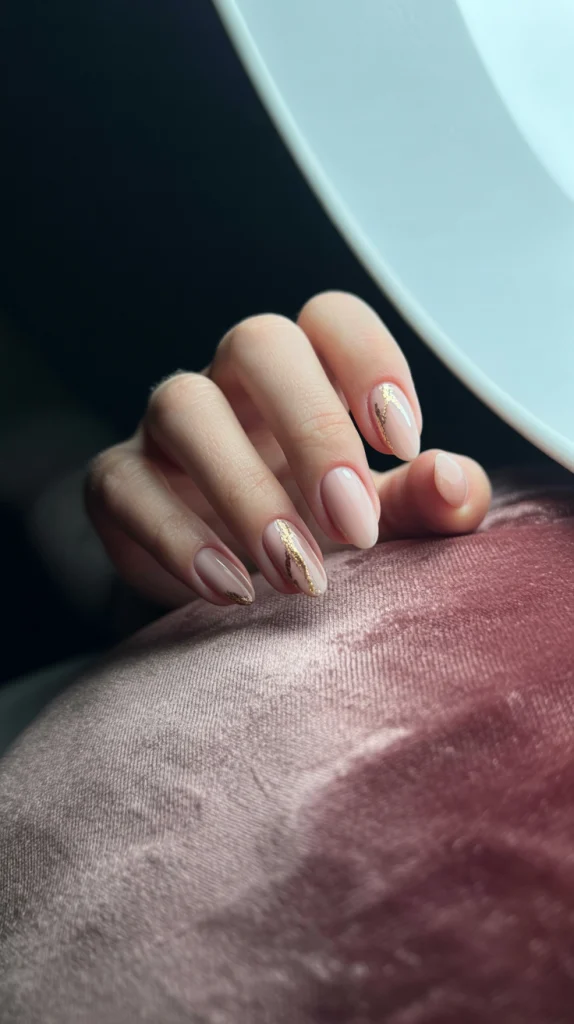 Subtle Sparkle Nude Almond Nails with Glitter