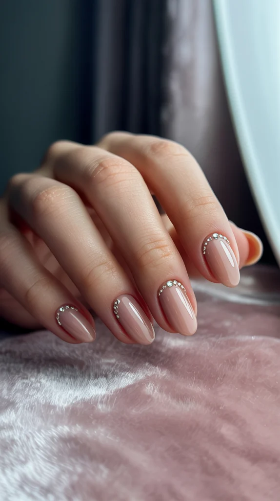 Touch of Glam Nude Almond Nails with Gems
