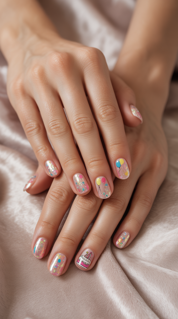 Almond Glitter Skittle Nails