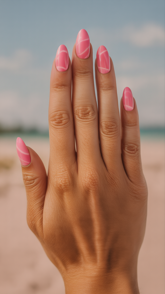 Almond-Shaped Pink Nails for Tropical Elegance