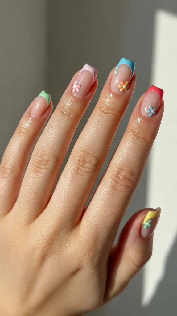 Colorful French Tip Nails with Flowers – Blooming Beauty