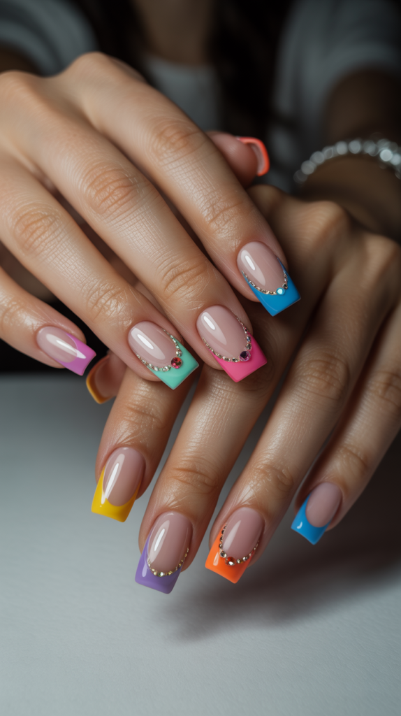Colorful French Tip Nails with Gems – Glamour Queen Vibes
