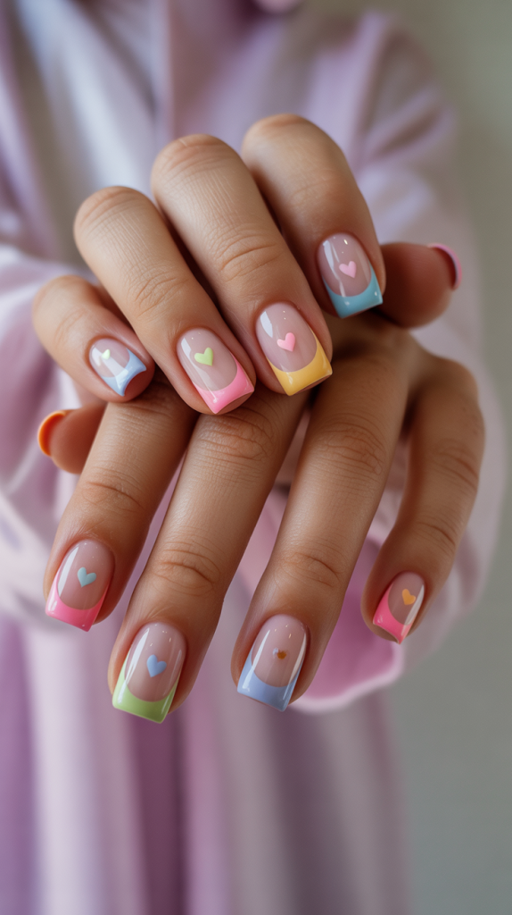 Colorful French Tip Nails with Hearts – Sweet & Romantic