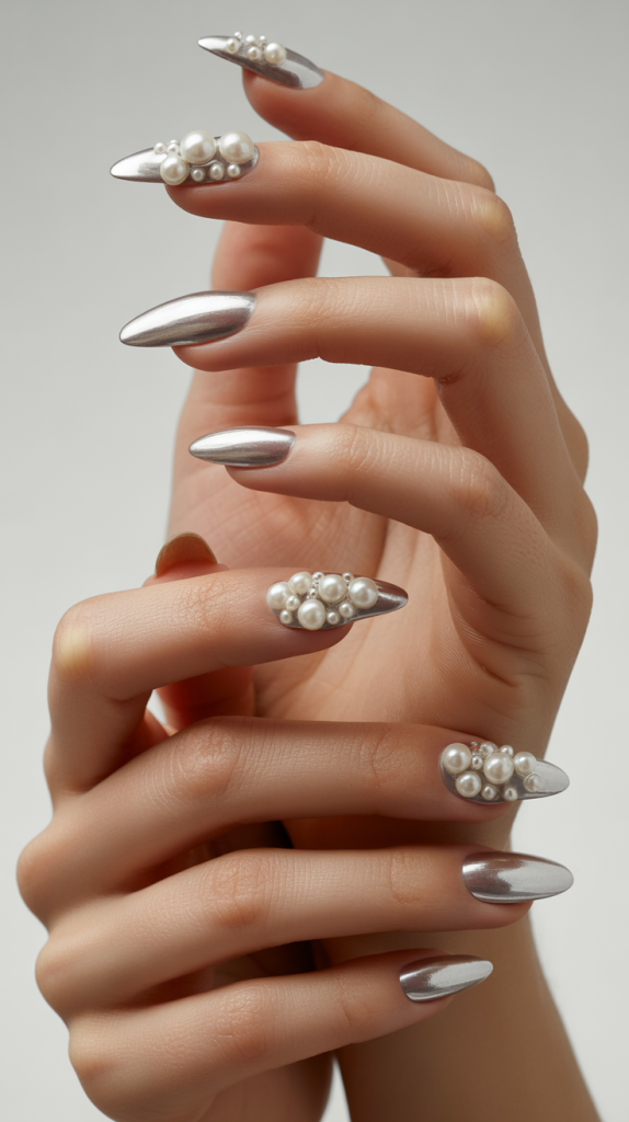 Crystal Chic Chrome French Nails with Rhinestones