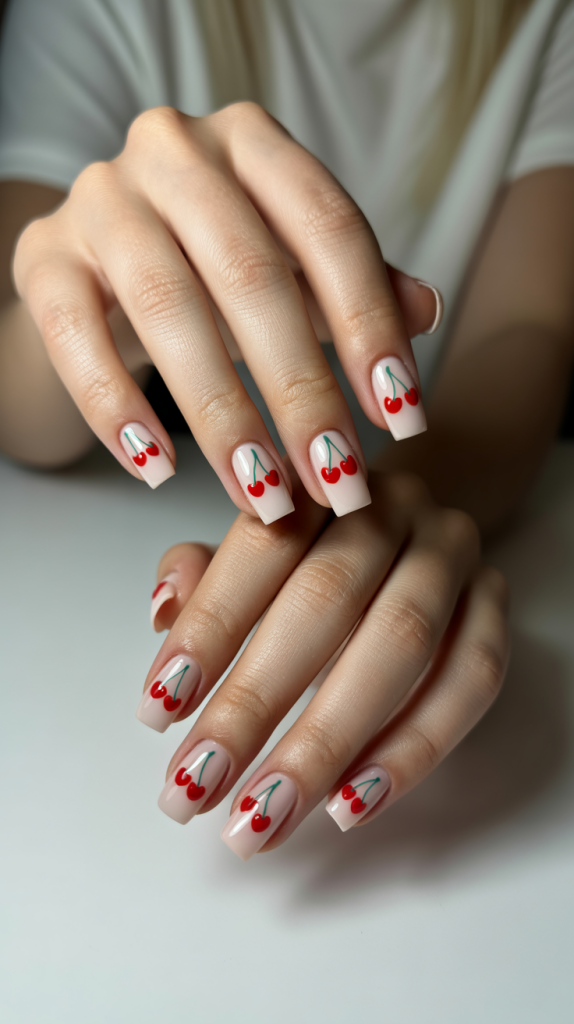 Cute Coffin-Shaped Cherry Nails