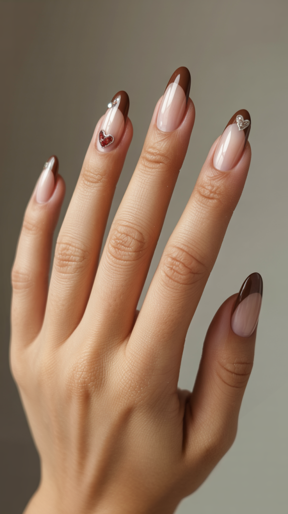 Glittery Heart Brown French Tips