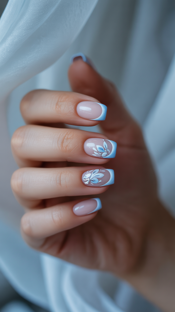 Light Blue French Tip Nails with Flowers – Blooming Ice Queen