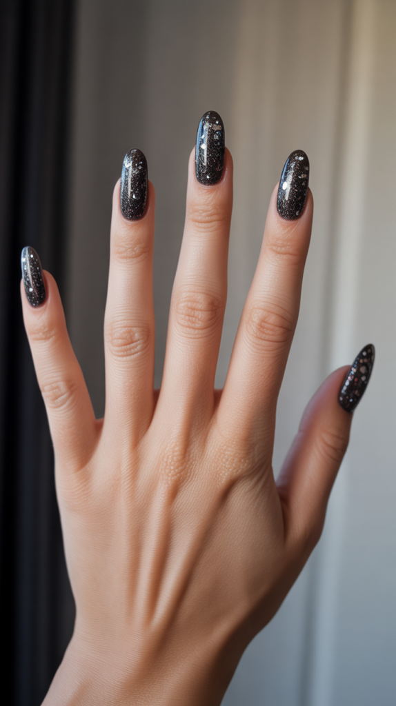 Party-Ready Glam Black Gel Nails with Glitter