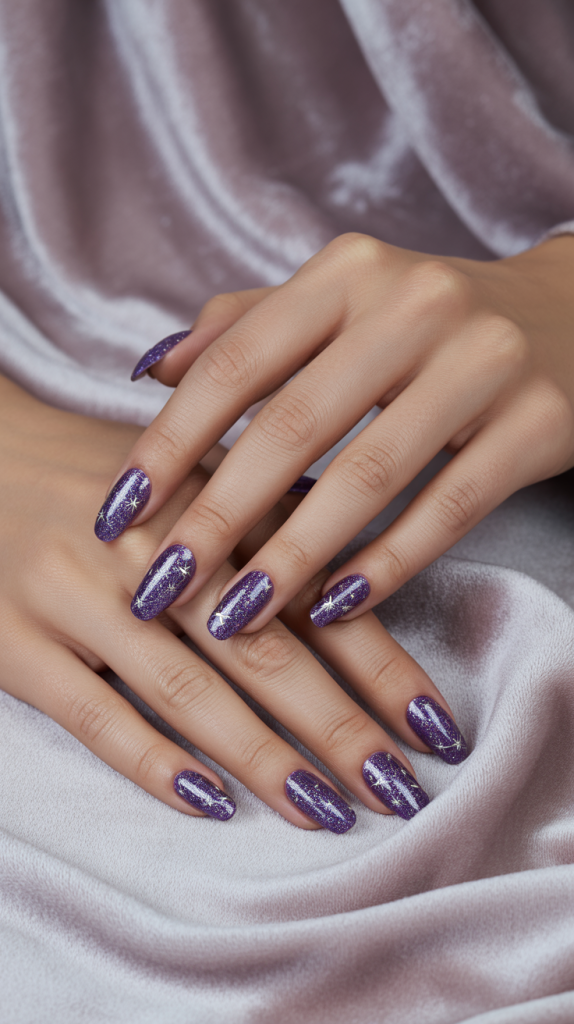 Purple Glitter Star Nails