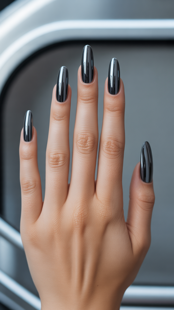 Sleek and Feminine Almond-Shaped Black Nails