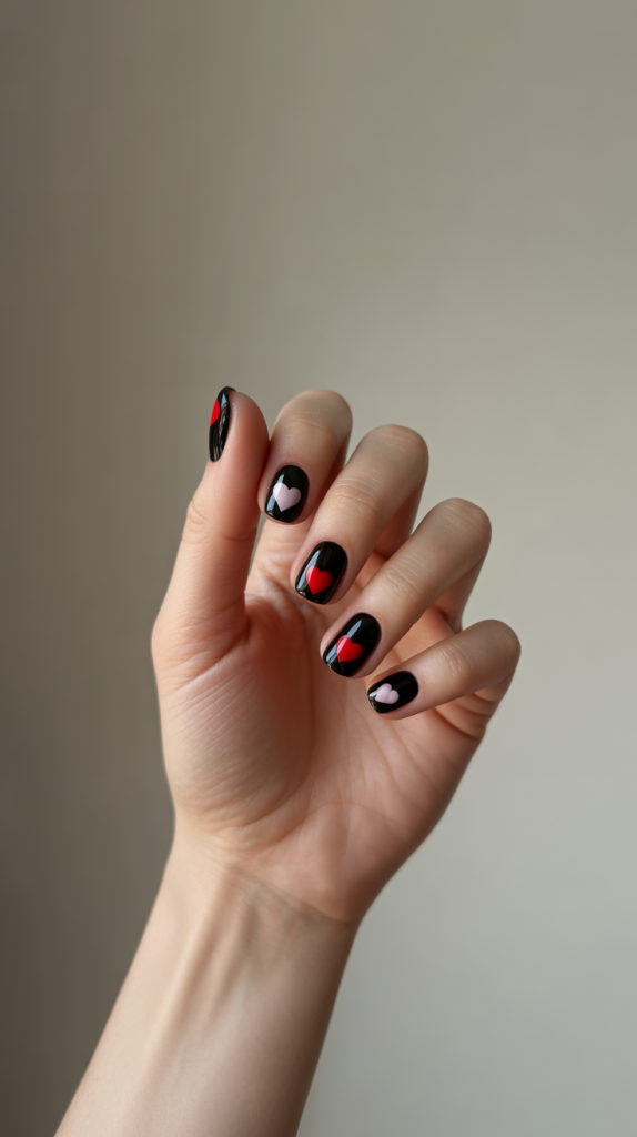 Sweet and Stylish Black Nails with Heart Accents