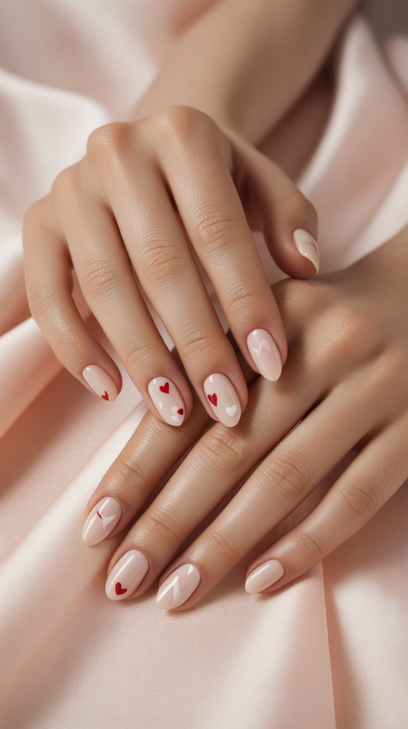 Sweetheart Style Milky Nude Nails with Hearts